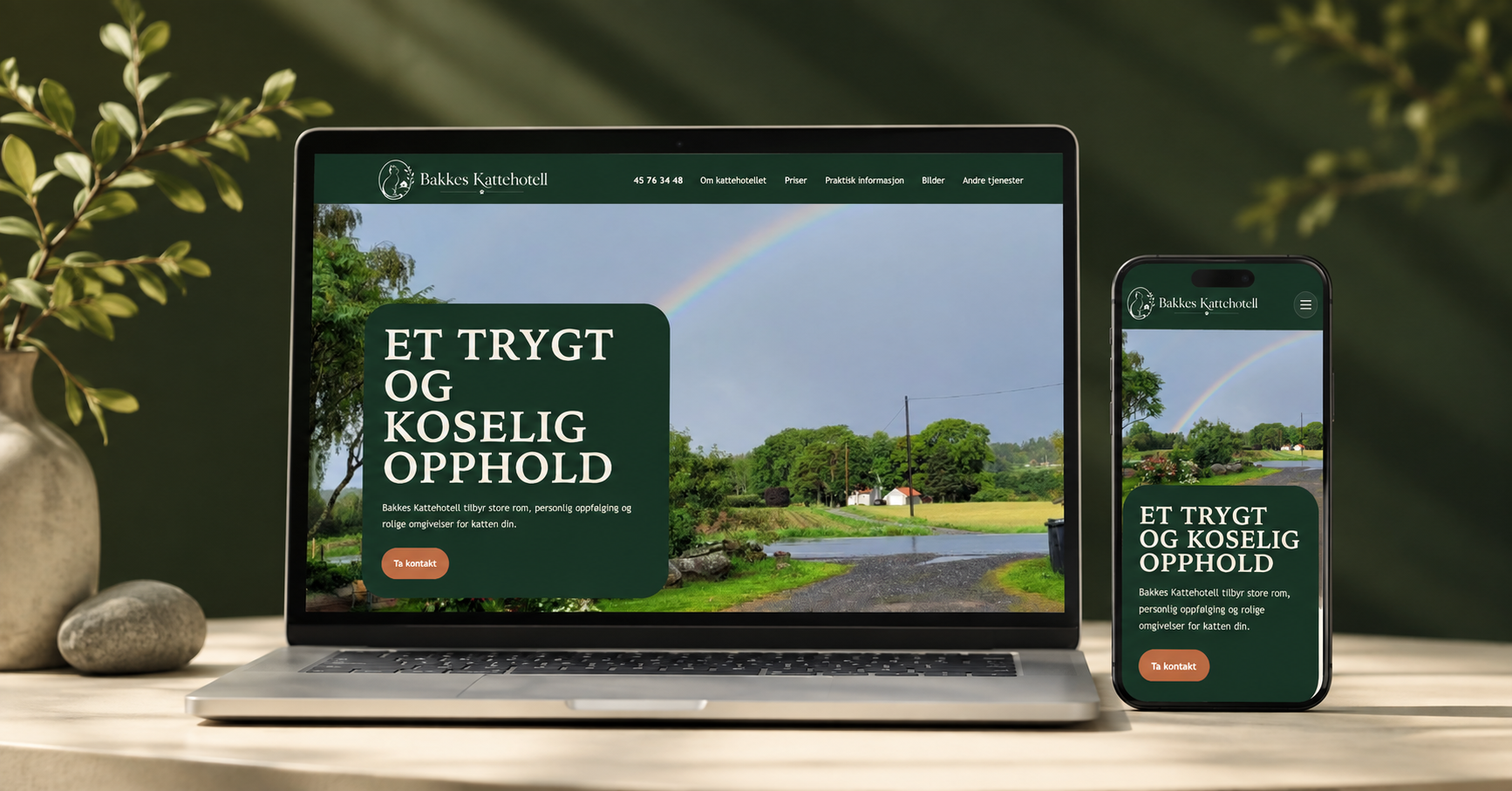 Bakkes Kattehotell vist på laptop og mobil